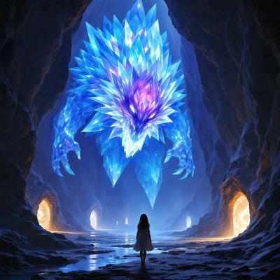 The primary subject of the image is a large, blue, and purple creature, possibly a dragon or a monster, standing in a cave. The creature appears to be the main focus of the image. The setting is a cave with a rocky background, and the visual style is digital art. The dominant colors in the image are blue and purple, creating a mysterious and dramatic atmosphere.